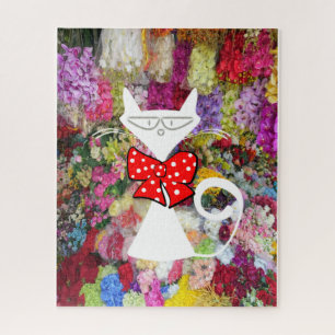 Puzzles Floral White Cat Red Bow Tie