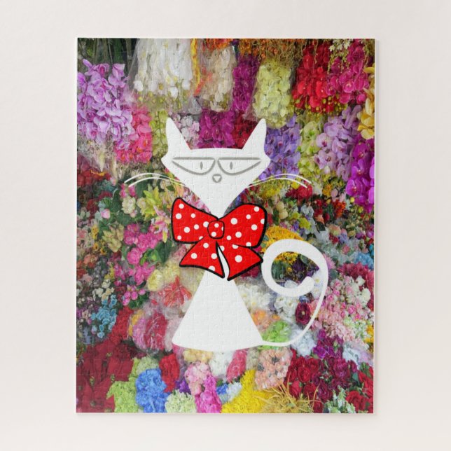 Puzzles Floral White Cat Red Bow Tie (Vertical)