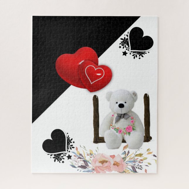 Puzzles Floral White Teddy Bear Red Hearts (Vertical)