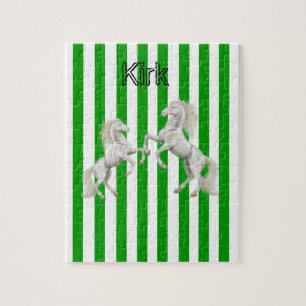 Puzzles Green and White Stripe White Horse