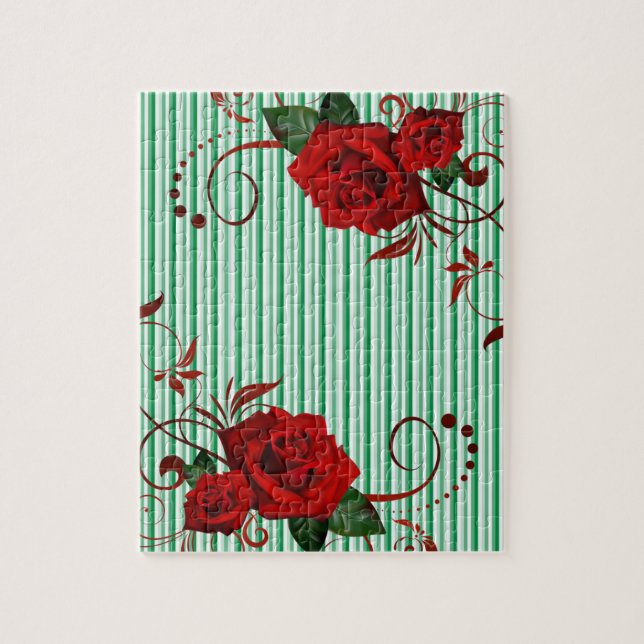 Puzzles Green White Stripe Red Rose (Vertical)