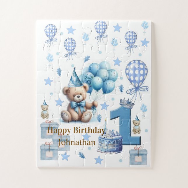Puzzles Happy 1st. Birthday Teddy Bear Blue (Vertical)