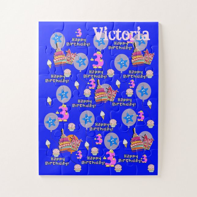 Puzzles, Happy 3rd Birthday, #3 Birthday Blue Jigsaw Puzzle (Vertical)