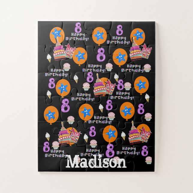 Puzzles, Happy 8th Birthday, #8 Birthday Black Jigsaw Puzzle (Vertical)