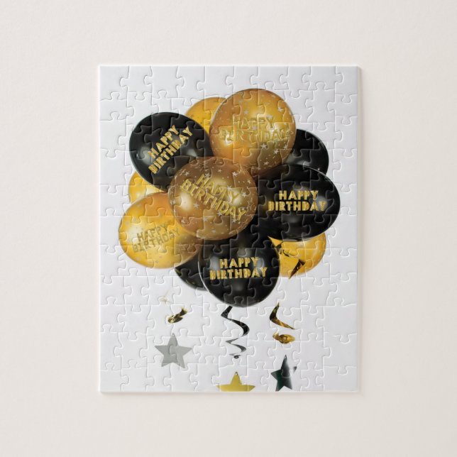Puzzles Happy Birthday Gold and Black Balloons (Vertical)