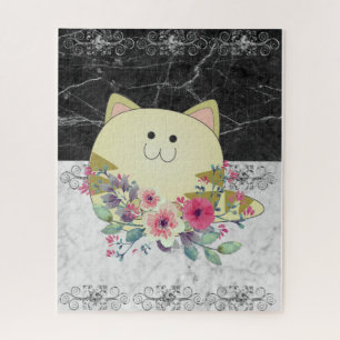 Puzzles Pink Floral Cat Black & White Marble