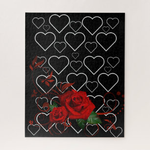 Puzzles Red Rose Floral Black & White Hearts