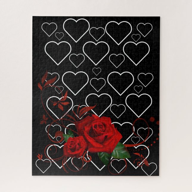 Puzzles Red Rose Floral Black & White Hearts (Vertical)