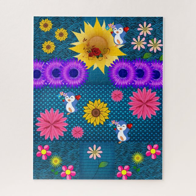 Puzzles Red Rose Floral Penguin Blue (Vertical)