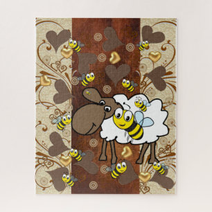 Puzzles Sheep Bumblebee Floral Brown Hearts