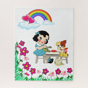 Puzzles Vintage Girl Dog Cat Floral Rainbow