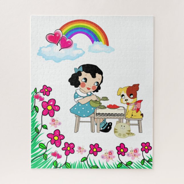 Puzzles Vintage Girl Dog Cat Floral Rainbow (Vertical)