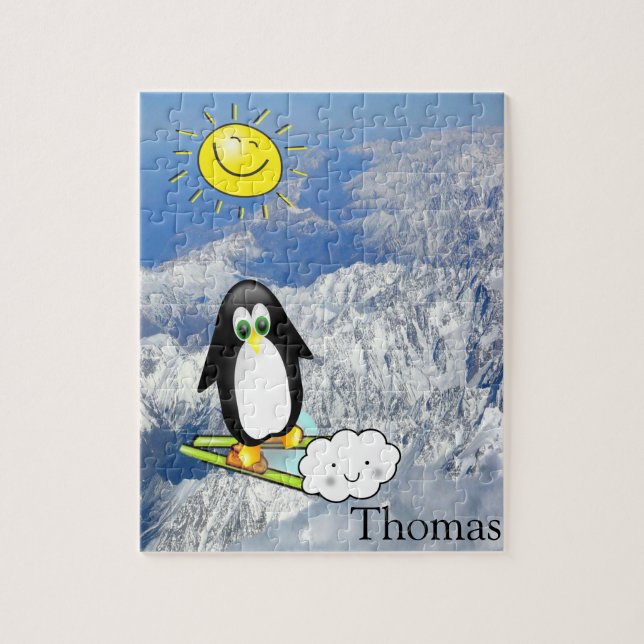 Puzzles White and Black Penguin Skiing Clouds (Vertical)