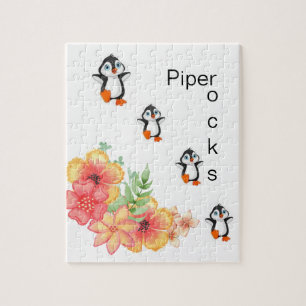 Puzzles White Penguins Floral Flowers