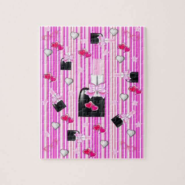 Puzzles White Pink Stripes Nail Polish Hearts (Vertical)