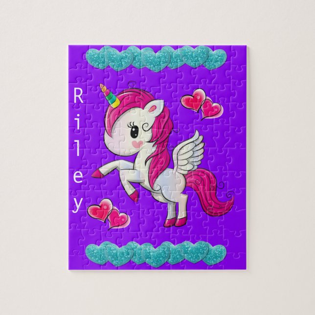 Puzzles White Pink Unicorn Purple Blue Hearts (Vertical)