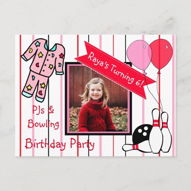 Pyjamas and Bowling Girl's Birthday Party Invites Postcard (Front)