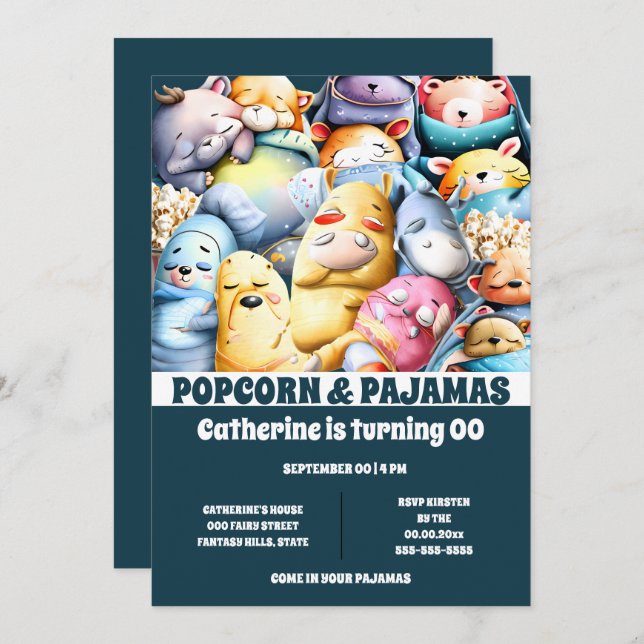 Pyjamas popcorn cartoon animals sleeping sleepover invitation (Front/Back)