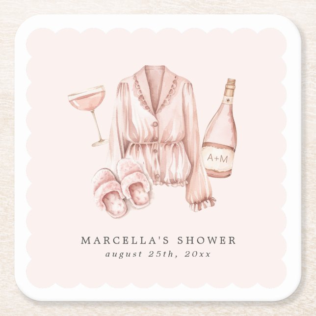 Pyjamas & Prosecco Bridal Shower Bachelorette Square Paper Coaster (Front)