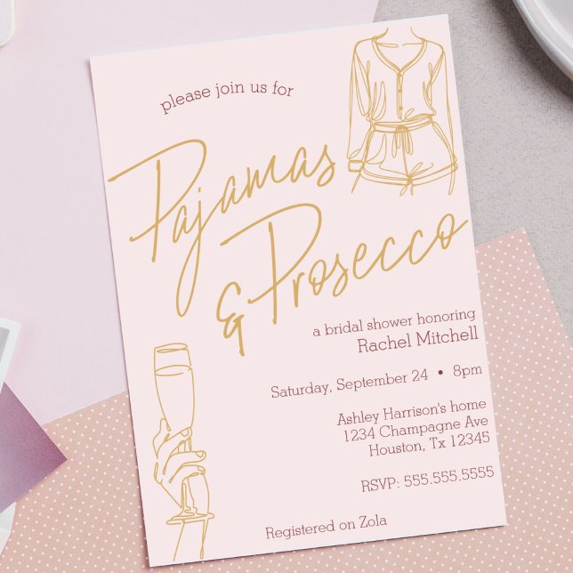 Pyjamas & Prosecco Pink Bridal / Lingerie Shower Invitation (pajamas and prosecco bridal shower invitation pjs and Prosecco bachelorette party pink girls night )