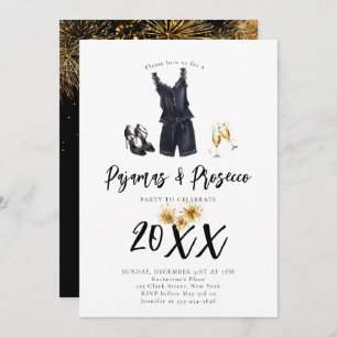 Pyjamas Prosecco PJ Slumber Black New Year Party Invitation