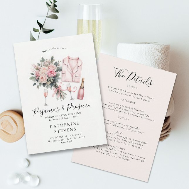 Pyjamas Prosecco Rose Bachelorette Party Itinerary Invitation (pajamas prosecco bridal shower bachelorette invitation champagne roses lingerie pj elegant classy)