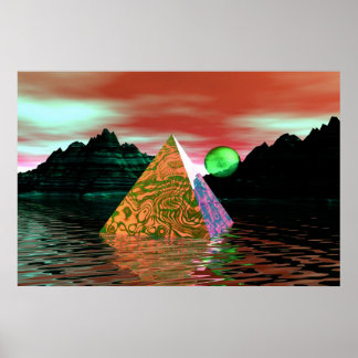 Pyramid in the water with green sun poster