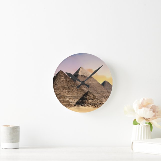 pyramids of giza Ancient Egypt Desert landscape Round Clock (Home)