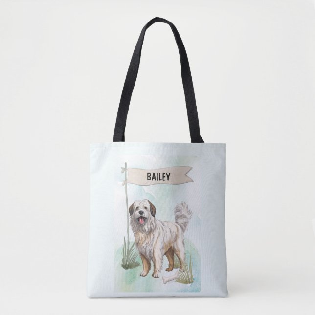 Pyrenean Shepherd Watercolor Personalised Dog Tote Bag (Front)
