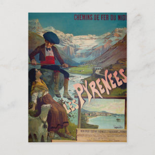 Pyrenees landscape, kids are rest by the river postcard