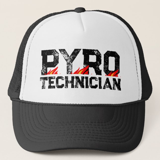 Pyro Technician trucker hat with burning flames (Front)