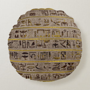 Pyrographed Golden Egyptian hieroglyphs on wood Round Cushion