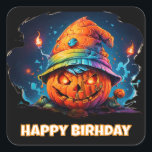 pyschedelic scary jackolantern & birthday hat square sticker<br><div class="desc">I thought up having a jack o lantern wearing a birthday hat with psychedelic colours and I liked this one. I put a stroke around the happy birthday text so it would show up better. All the text on the design is able to be edited. generativecontent. I had some of...</div>