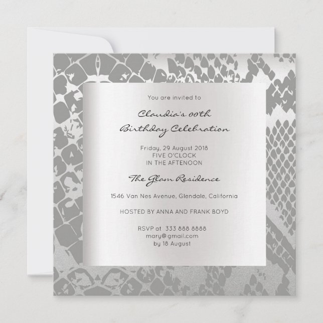 Python Snake Animal Skin Black Silver Birthday Invitation (Front)
