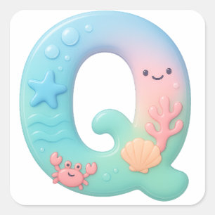 "Q" Cute Letter - Underwater Sea Creature Square Sticker