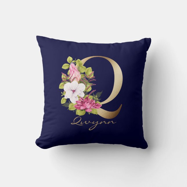 Q Letter Gold Monogram Pink White Magenta Floral Cushion (Front)