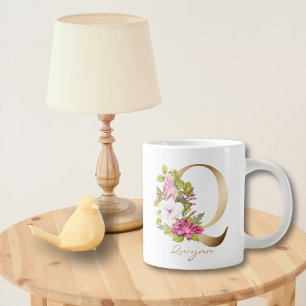 Q Letter Gold Monogram Pink White Magenta Floral Large Coffee Mug