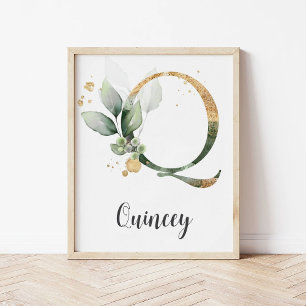 Q Letter Monogram Greenery Nursery Name Wall Print