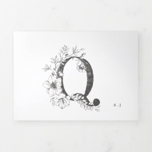 'Q' Monogram Beautiful Sketched Floral Wedding Tri-Fold Invitation