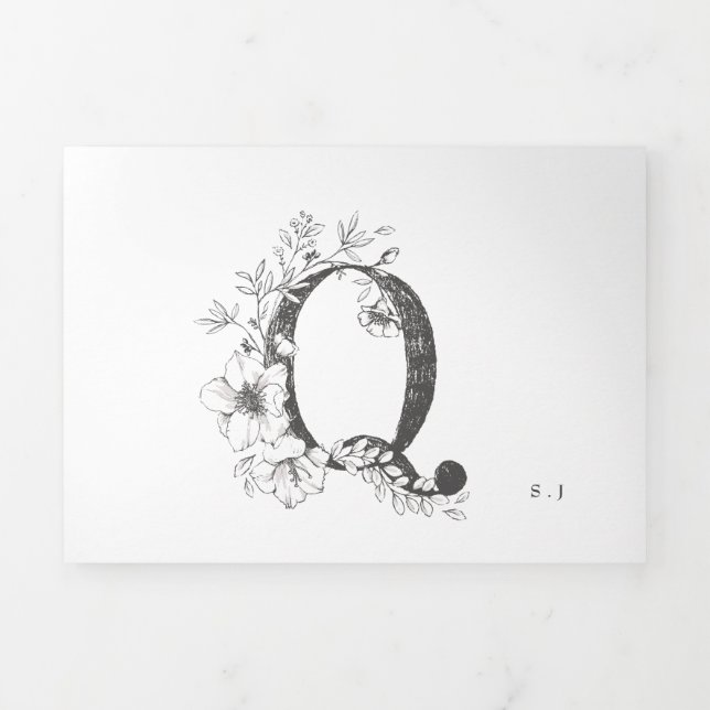 'Q' Monogram Beautiful Sketched Floral Wedding Tri-Fold Invitation (Cover)