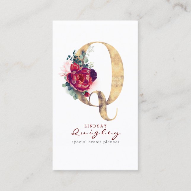 Q Monogram Burgundy Red Flowers and Gold Glitter Business Card (Front)