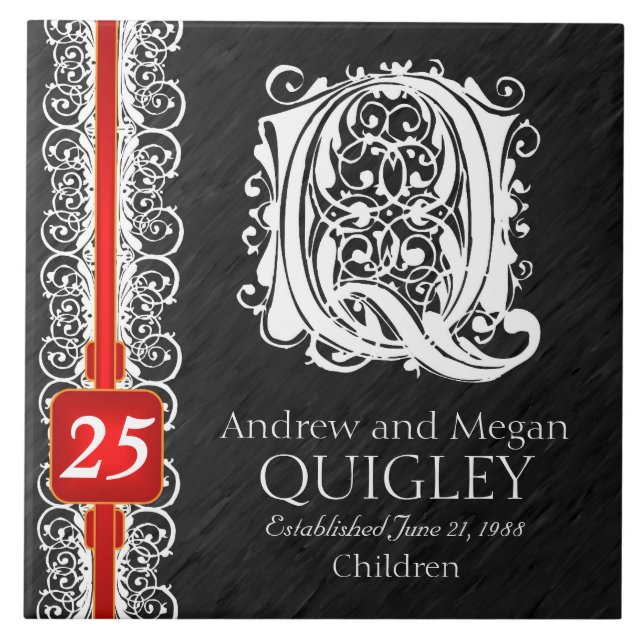 Q Monogram "White Lace on Black" Anniversary Tile (Front)