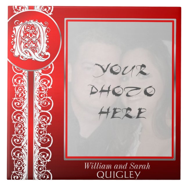Q Monogram "White Lace on Red" with Photo - Tile (Front)