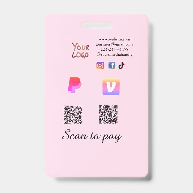 Q R code PayPal venmo scan pay add social media de ID Badge (Front)