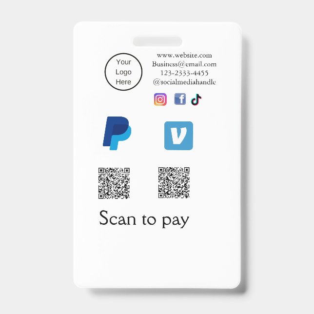 Q R code PayPal venmo scan pay add social media de ID Badge (Front)