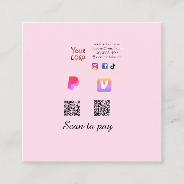 Q R code PayPal venmo scan pay add social media de Square Business Card (Front)