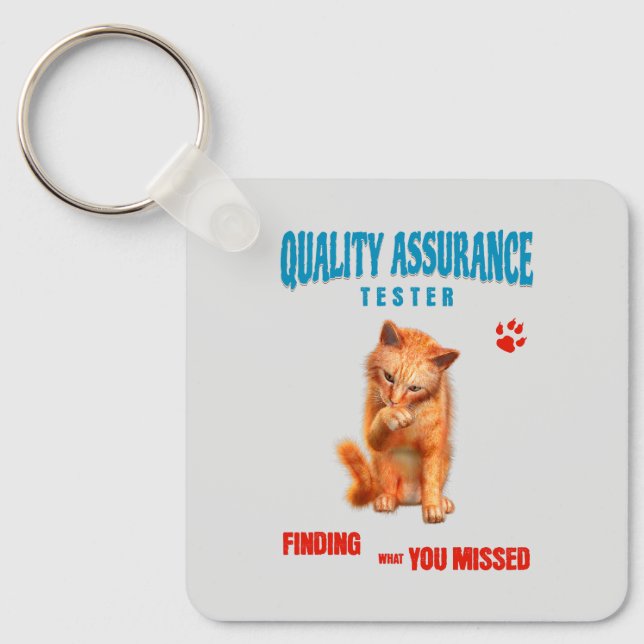 QA Tester Cat Humour Key Ring (Front)