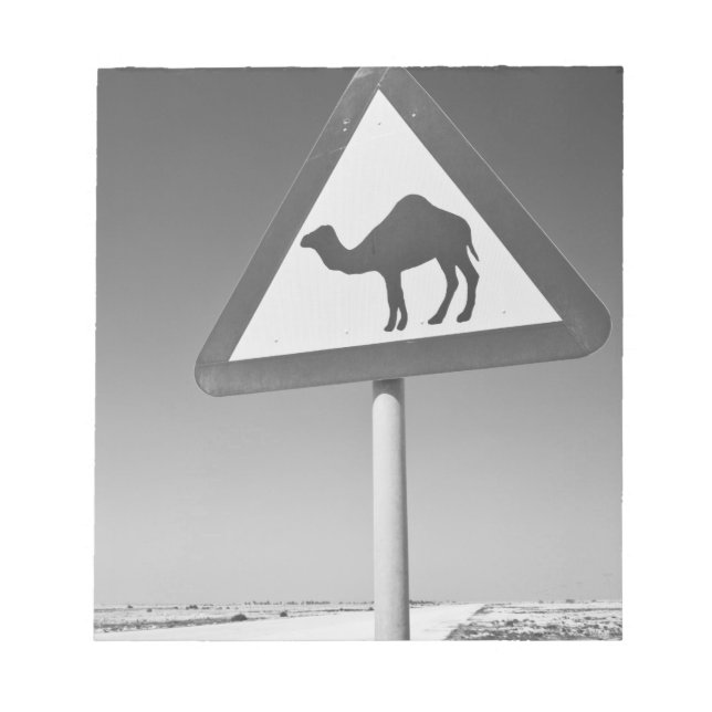 Qatar, Al Zubarah. Camel Crossing Sign-Road to Notepad (Front)