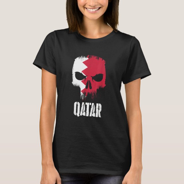 Qatar Flag Skull Qatari Pride Patriotic T-Shirt (Front)