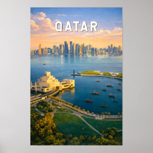 Qatar Illustration Travel Art Vintage Poster
